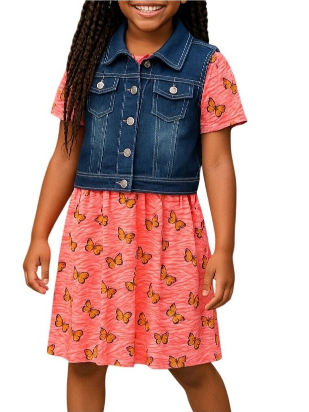 Limited Too Girls Size XL (12) Dress 2-Piece Set Denim Vest Butterfly Pink Dress